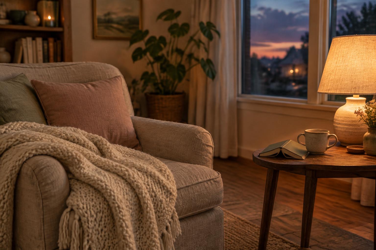 A calm lamp-lit living room at dusk with a folded blanket and a book on the side table