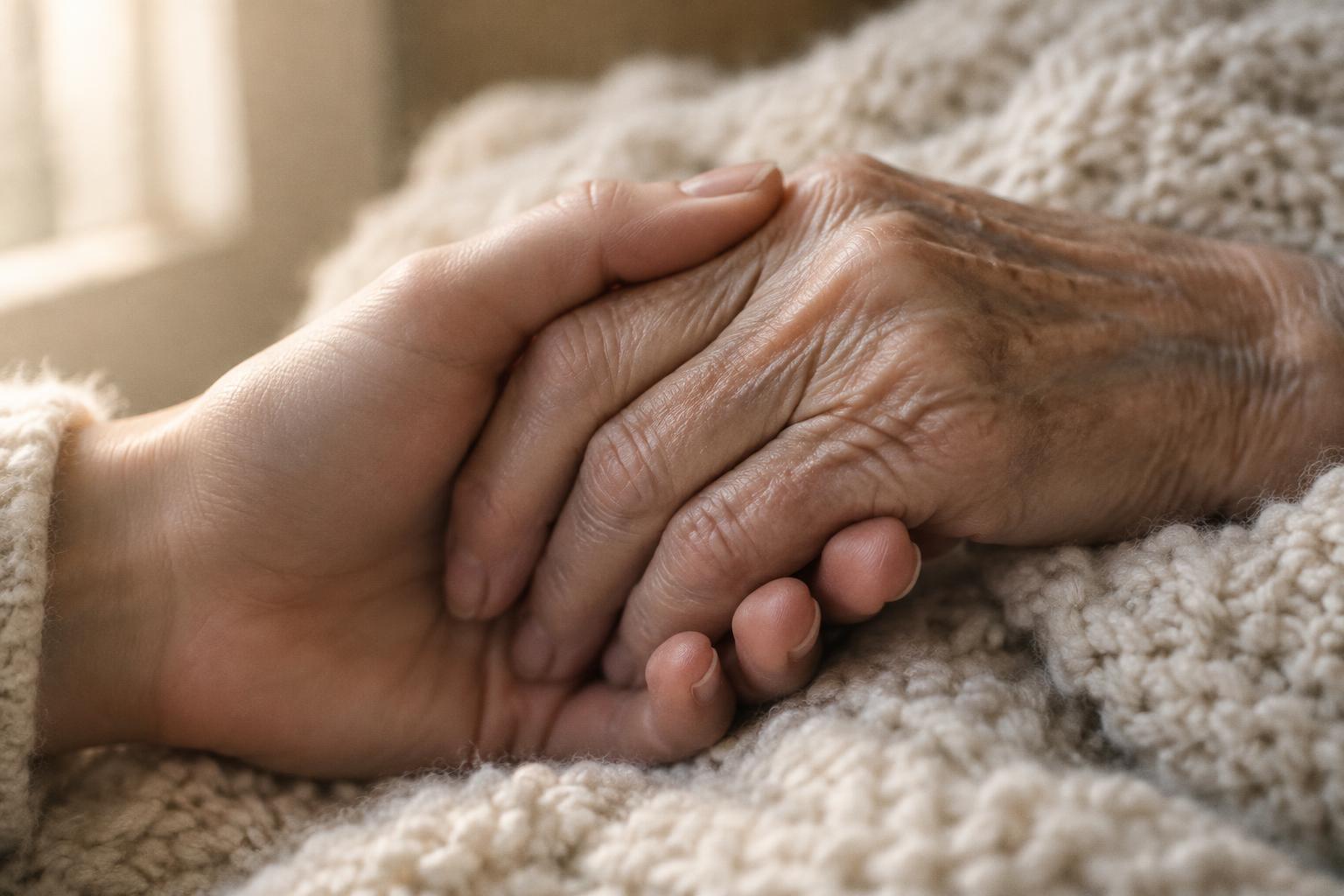 A younger hand holding an older hand over a cream knit blanket