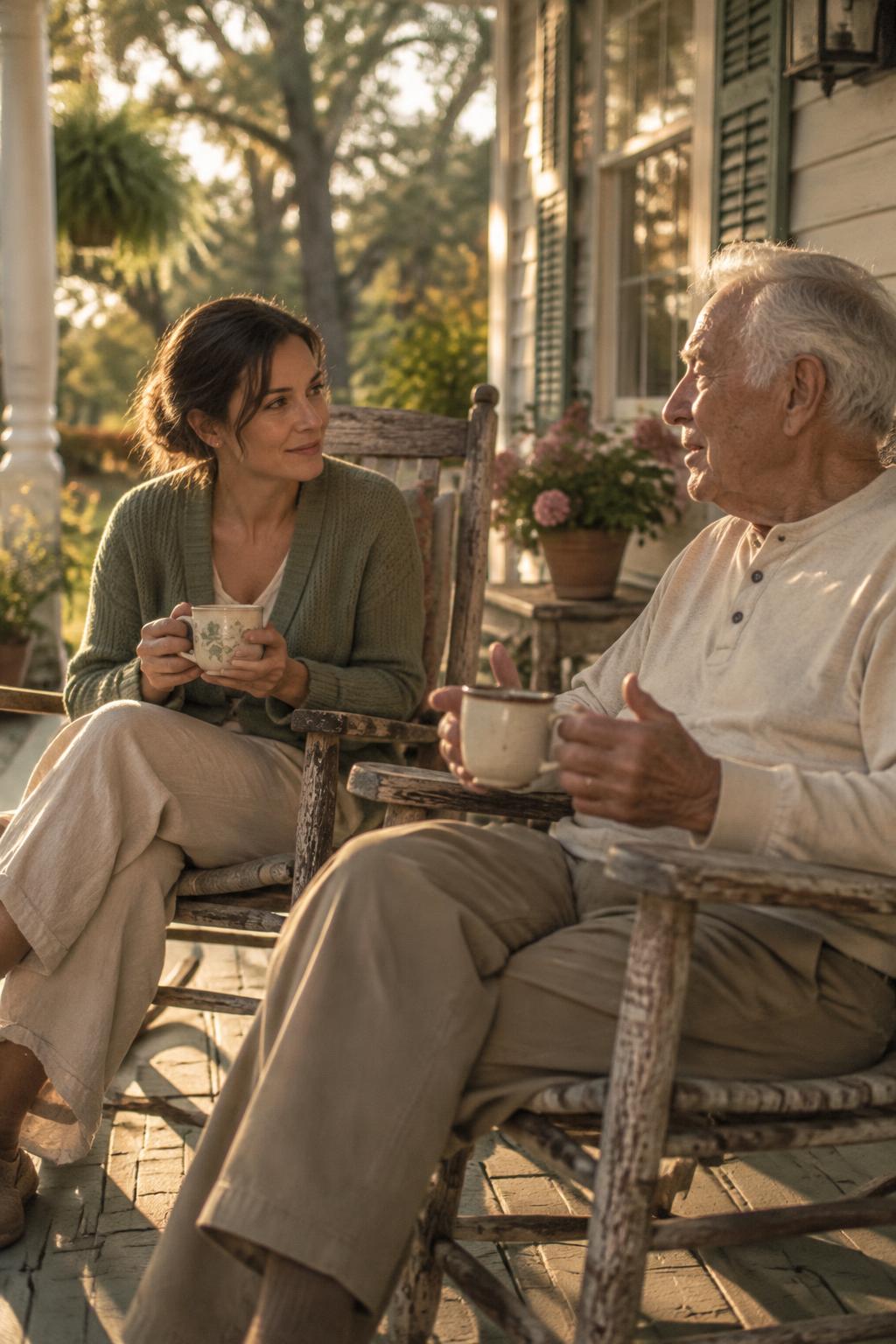 A caregiver and an older man sharing coffee in rocking chairs on a front porch
